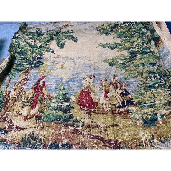 Vintage TPS4 Scenic Tapestry Fabric Panel Ladies Dog Design 23" x 56" Cotton Ble - Picture 3 of 7